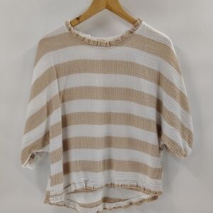 Umgee Cotton Gauze Top Size Medium Tan White Stripe